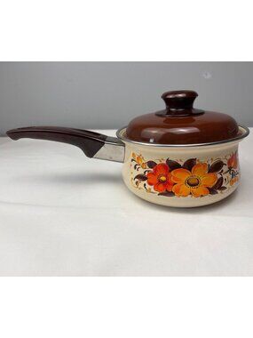 Sanko Ware Moneta Floral Enamel Saucepan 6" Mid-Century Design Brown/Orange Lid